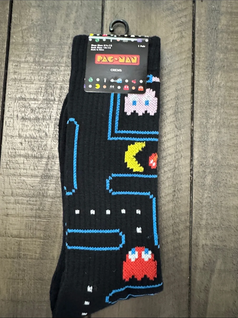 Men's Black Crew Socks with Iconic PAC-MAN Game Characters